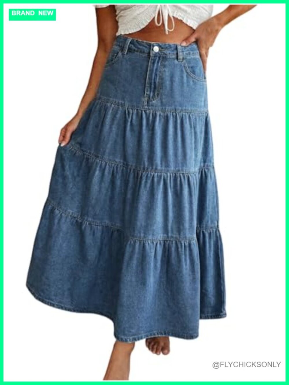 High Waisted A-Line Denim Maxi Skirt Tiered Swing with Pockets